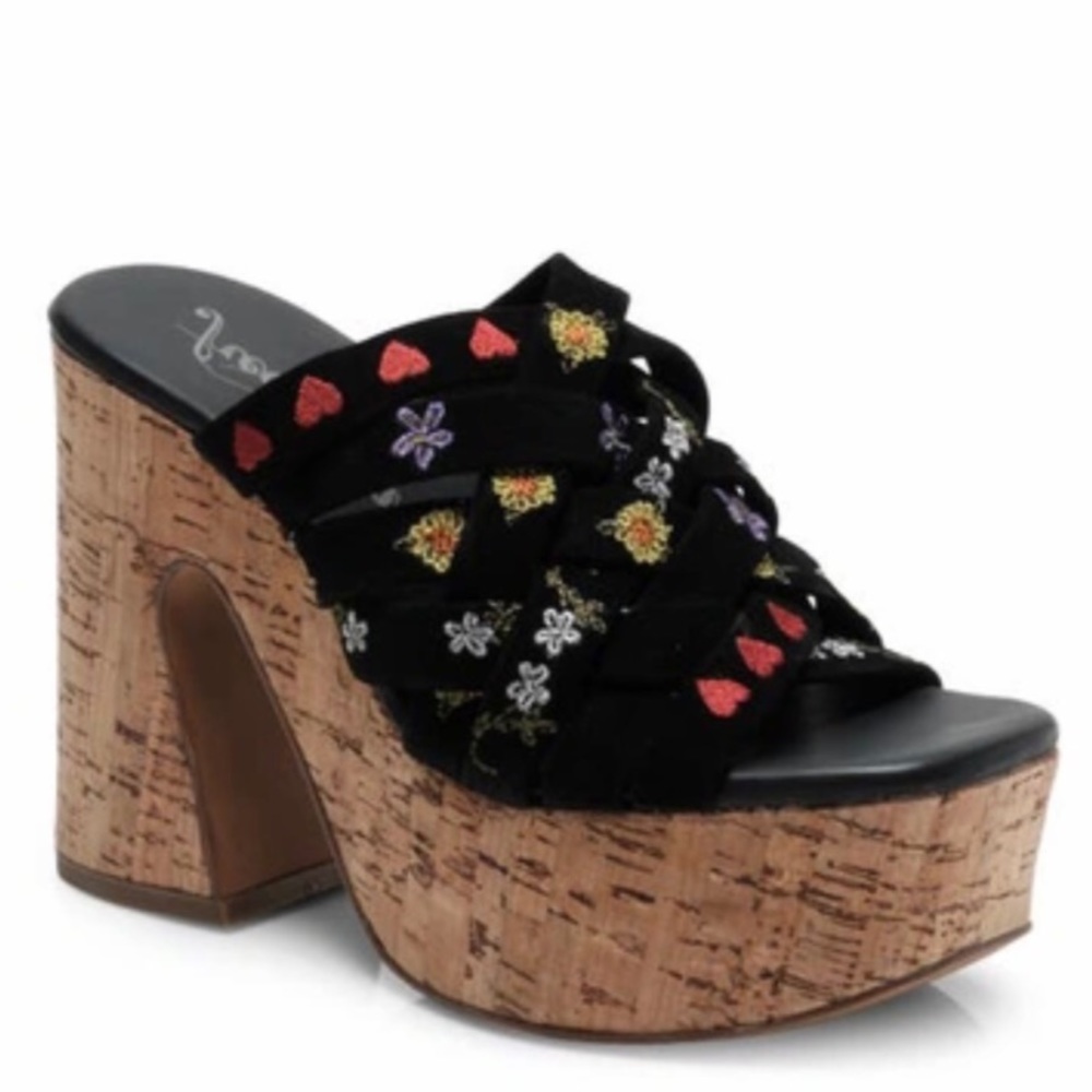 Free People NEW Lisbon Platform Heels Floral Suede Platform Mules Sandals Clog 9
